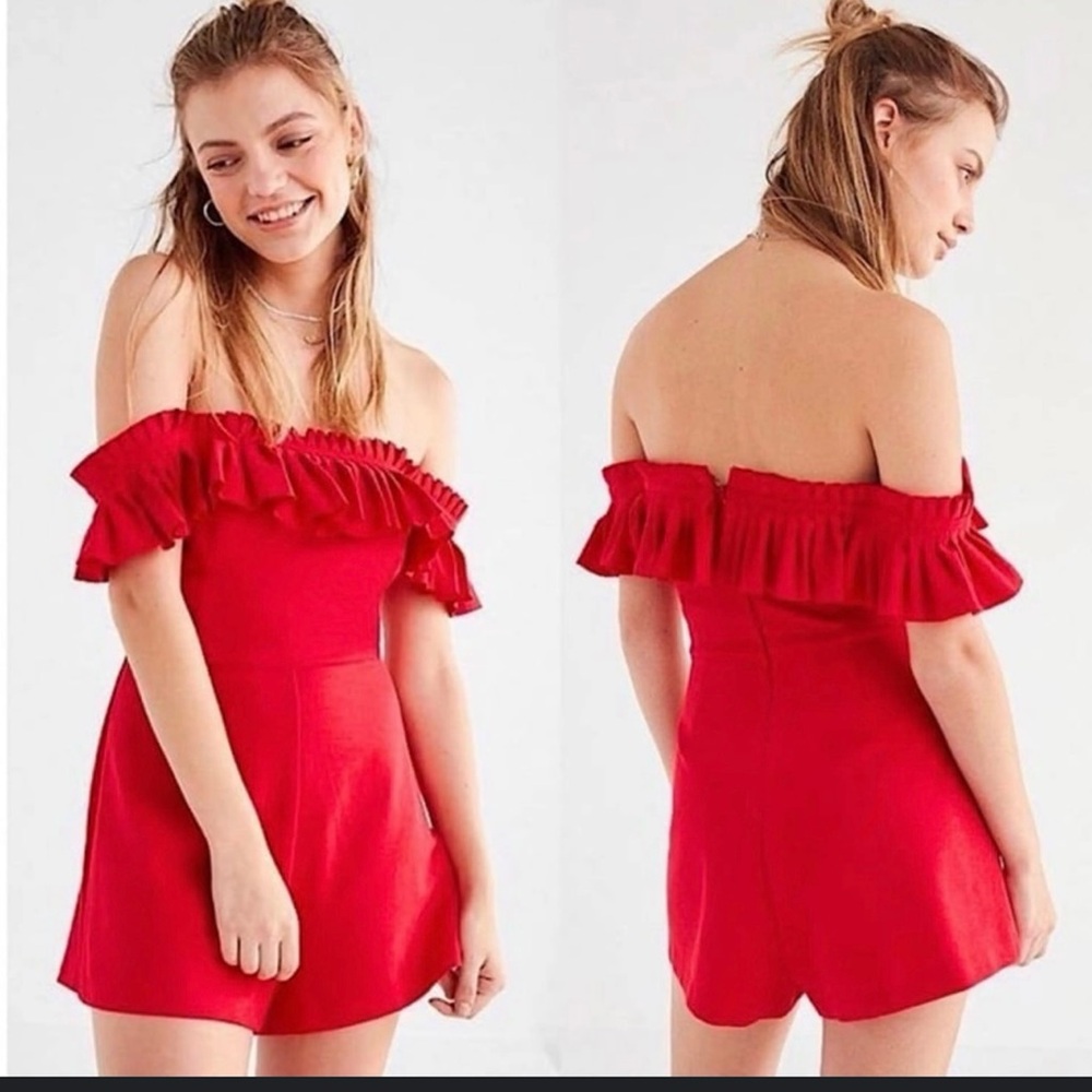 Urban Outfitters Rouge Off Shoulder Ruffle Heather Shorts Romper